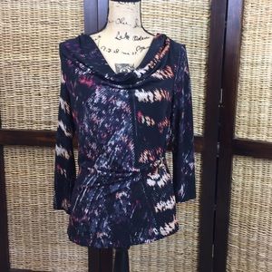 Calvin Klein Top Multicolored Black Cowl Neck Waist Detail Long Sleeve Small